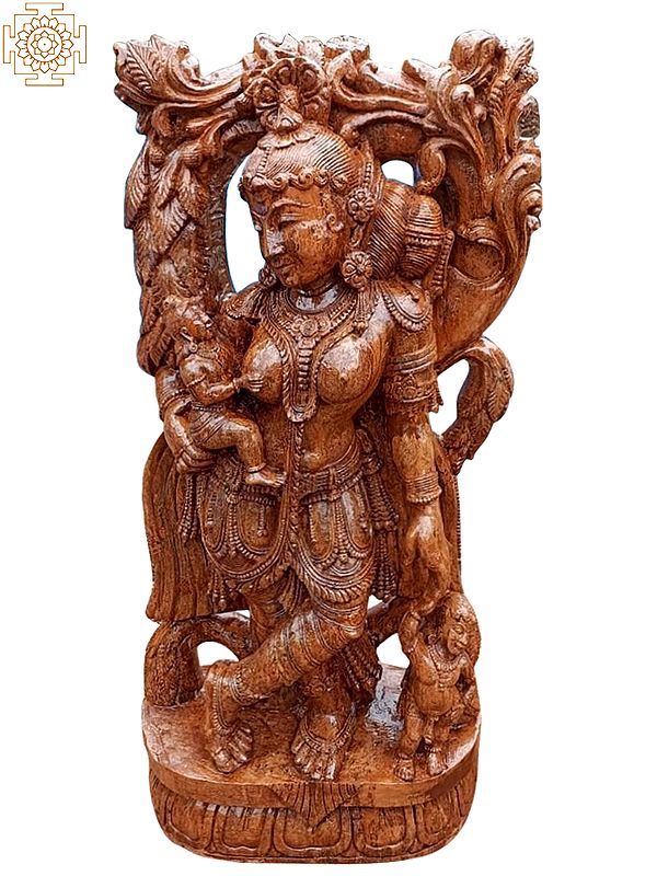 60" Goddess Parvati With Ganesha And Kartikey In Sand Stone