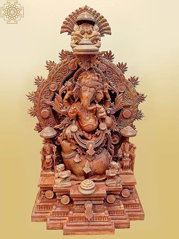 24" Sitting Ganesha On Mushak In Pink Serpentine Stone