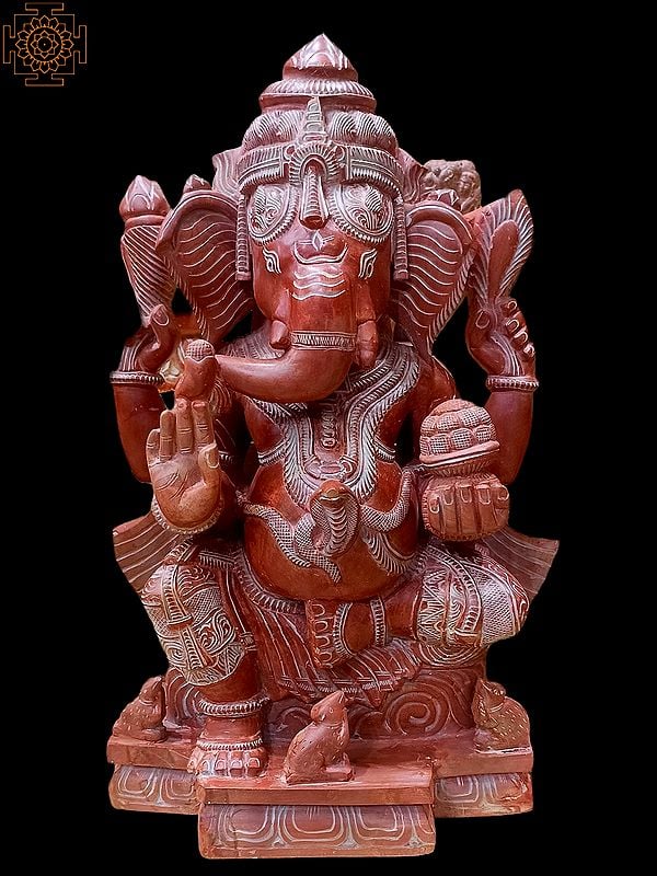 18" Sitting Ganesha On Aasana In Red Serpentine Stone