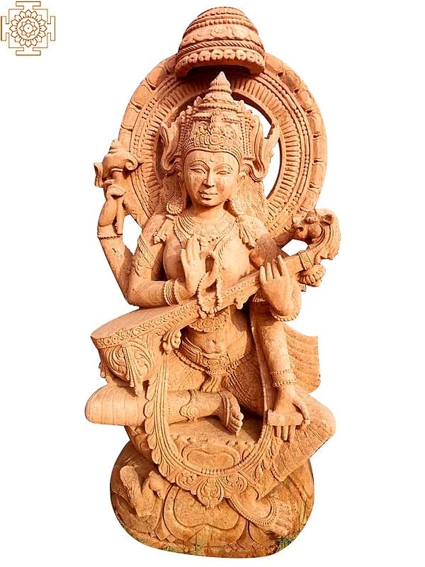 60" Large Blessing Goddess Saraswati Sand Stone Statue