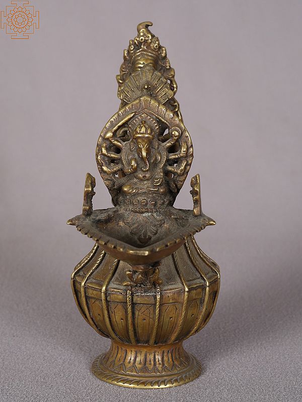 7" Brass Oil Lamp (Diya) with image of Ganesha from Nepal