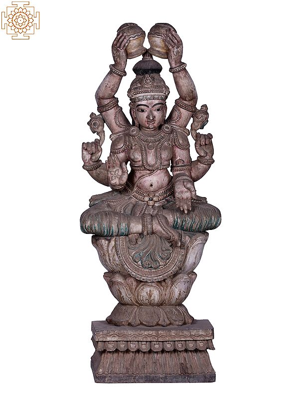 60" Large Wooden Lord Vishnu Statue Seated on High Lotus Pedestal