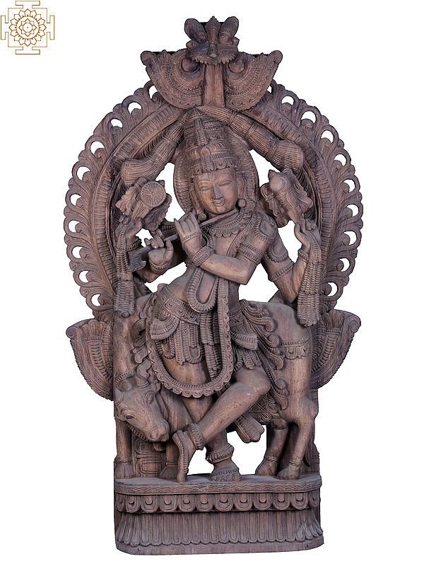60" Large Wooden Lord Krishna with Cow