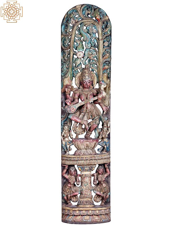 60" Large Wooden Dancing Goddess Saraswati On High Pedestal