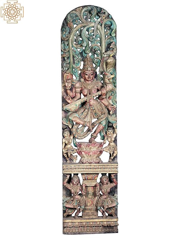 58" Large Wooden Dancing Goddess Saraswati On High Pedestal