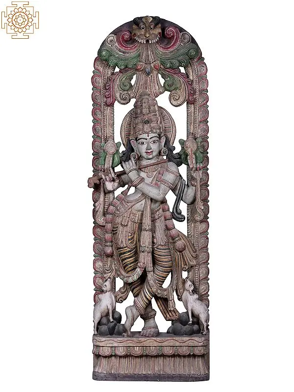 72" Large Wooden Fluting Krishna Sculpture