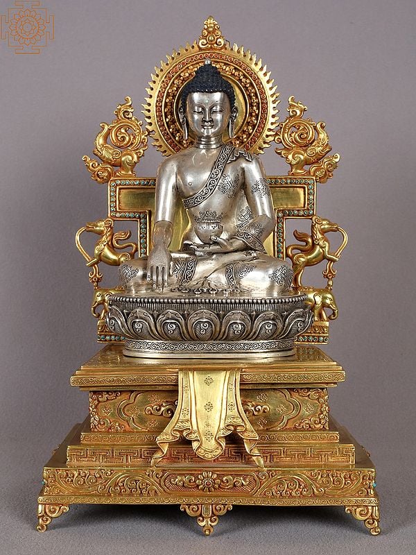 Shakyamuni Buddha on a Golden Throne (Nepalese Silver and Gold Statue of Buddha as Chakaravartin)