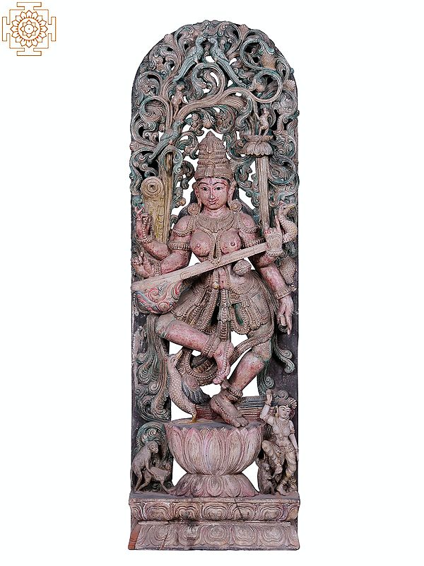 60" Large Wooden Dancing Goddess Saraswati On Lotus Pedestal