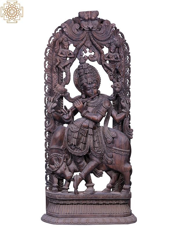 72" Large Wooden Fluting Krishna with His Cow