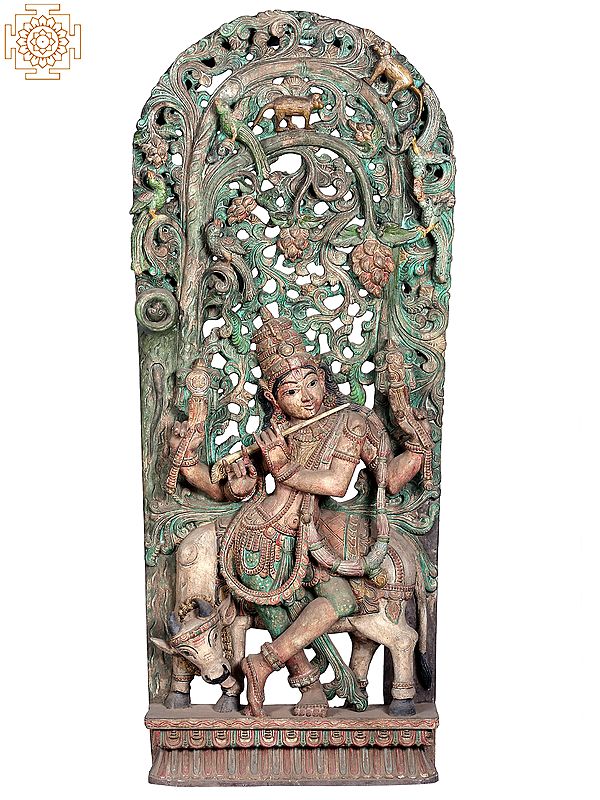 54" Large wooden Lord Krishna Playing Flute with His Cow