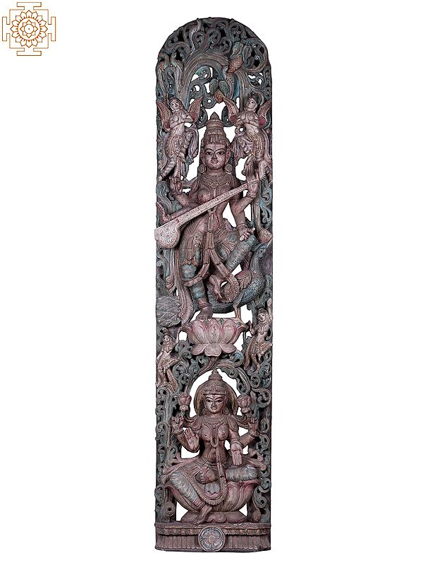 96" Large Wooden Goddess Saraswati On Lotus Pedestal with Goddess Lakshmi