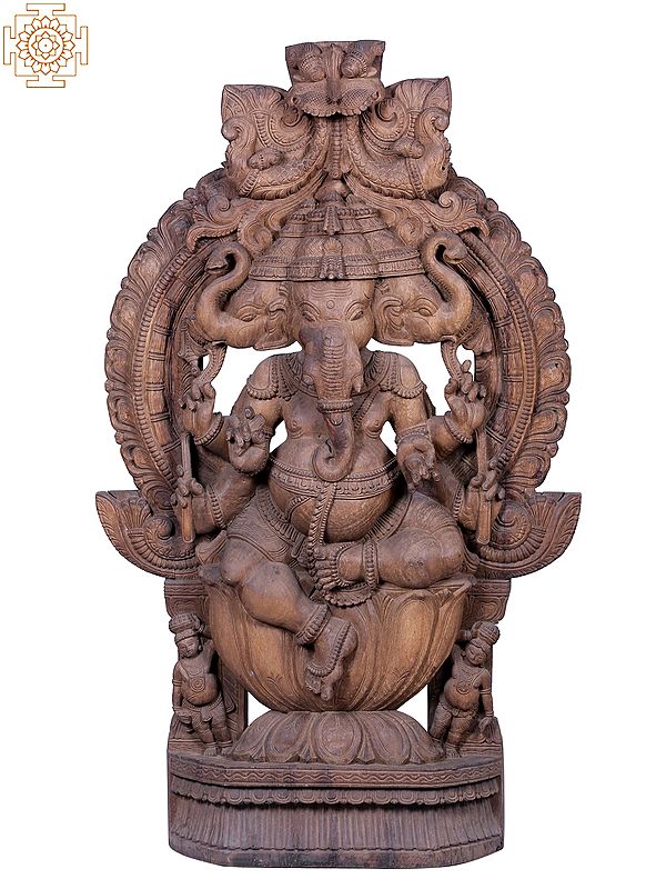 55" Large Wooden Three Face Lord Ganesha with Kirtimukha Throne