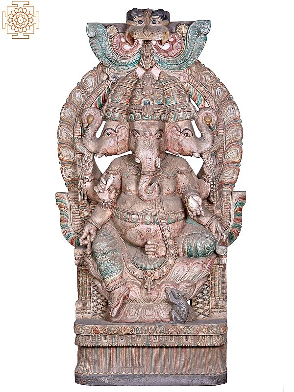 72" Large Wooden Three Face Lord Ganesha Statue with Kirtimukha Throne