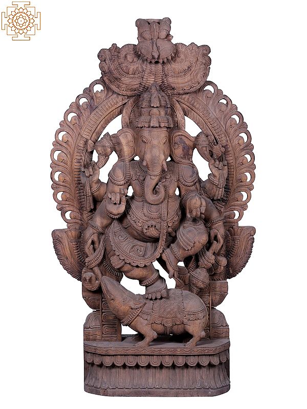 60" Large Wooden Lord Ganesha Statue on Rat with Kirtimukha Throne