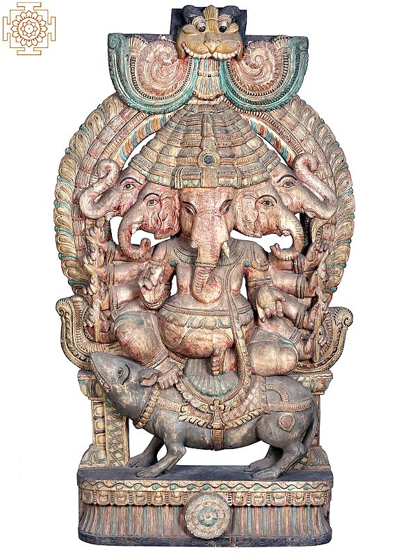 72" Large Wooden Panchamukhi Lord Ganesha on Rat with Kirtimukha Throne