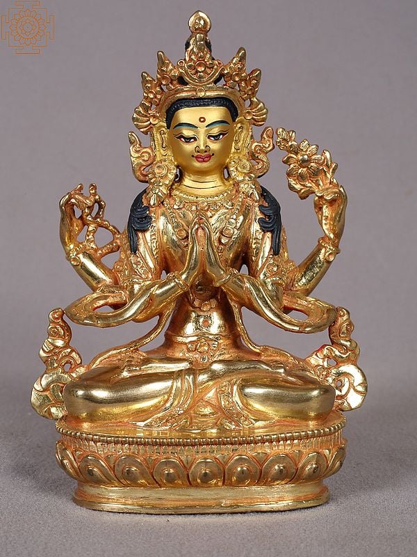6" Buddhist Deity Chenrezig (Four Armed Avalokiteshvara) Copper Statue from Nepal