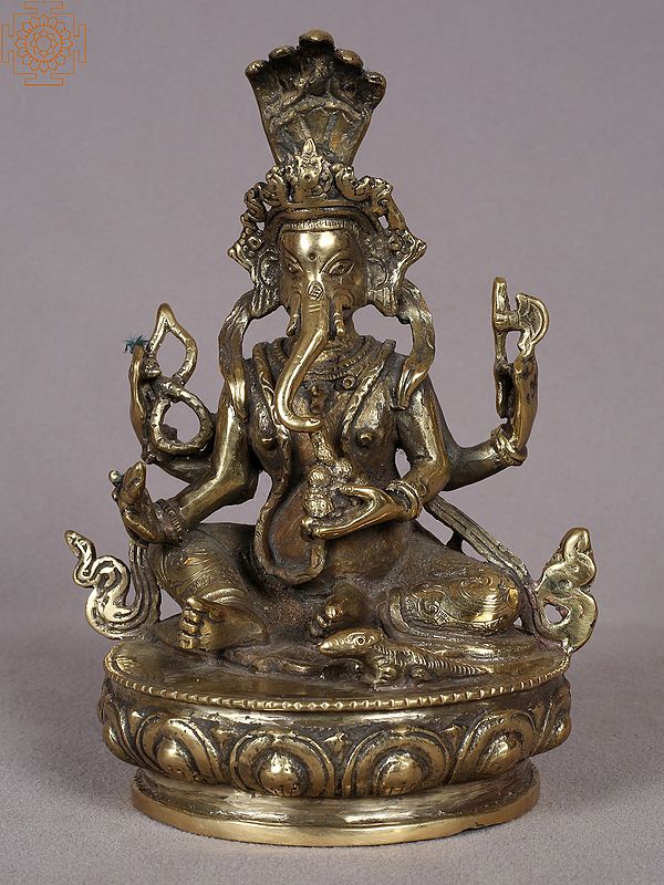 7" Sitting Four Hands Lord Ganesha Brass Statue from Nepal