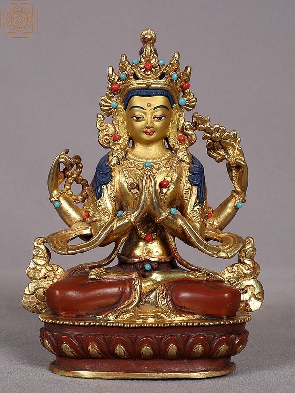 5" Chenrezig (Avalokiteshvara) Sculpture from Nepal | Copper Statue with Gold Plated