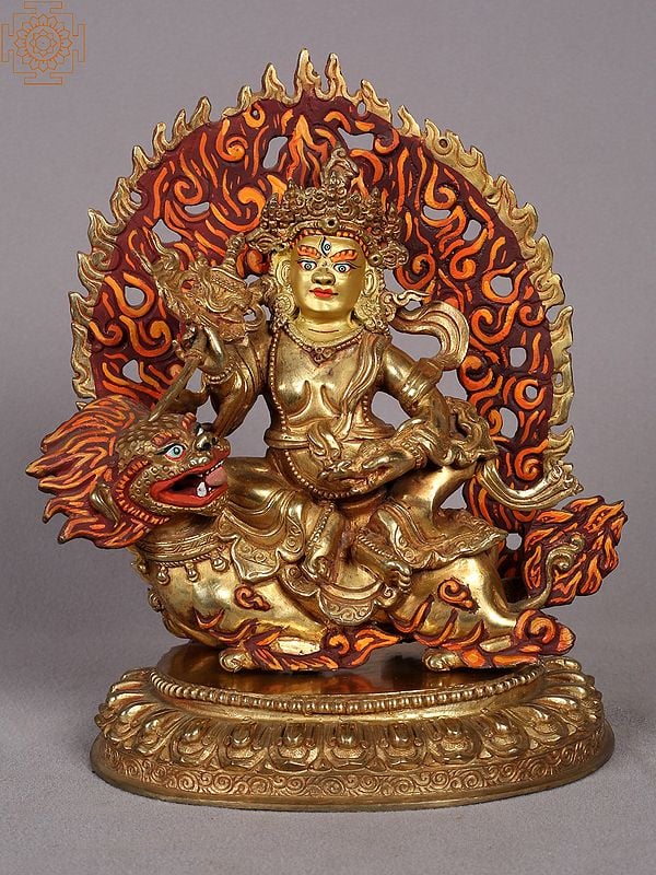 9" Buddhist Sculpture of Singh Kubera | Nepalese Copper Statue