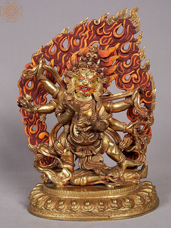 9" Six Hands Mahakala Statue from Nepal | Copper Idol with Gold Plated
