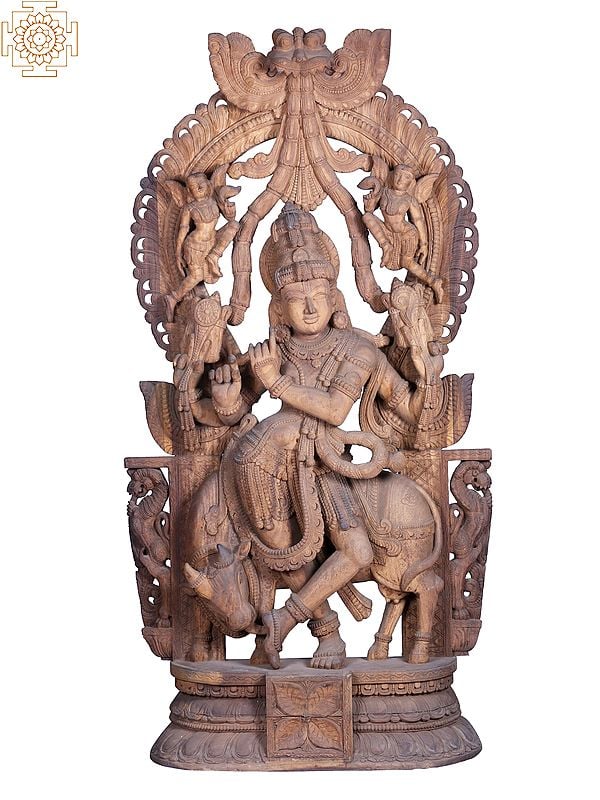 84" Large Wooden Fluting Krishna with His Cow