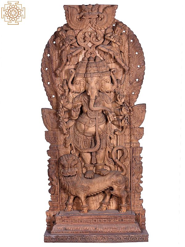 75" Large Wooden Three Face Lord Ganesha Standing On Lion
