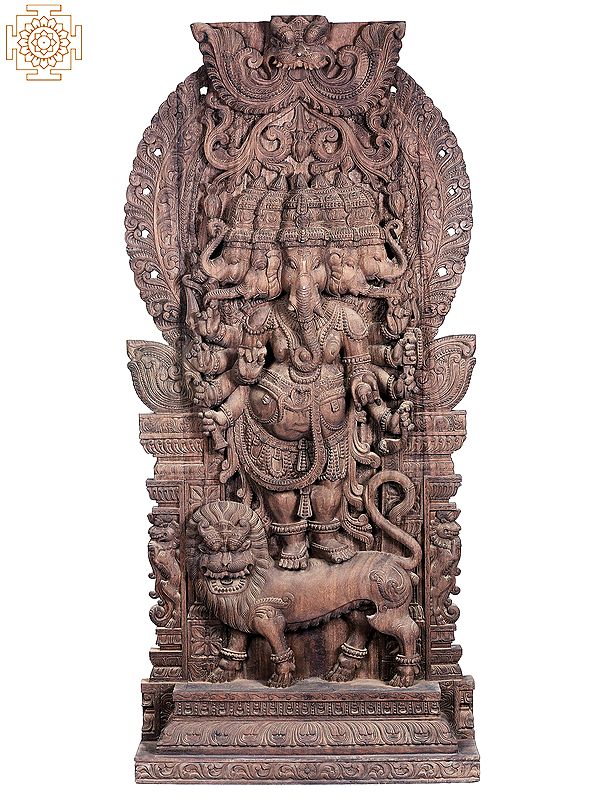 74" Large Wooden Panchamukhi Lord Ganesha Standing On Lion
