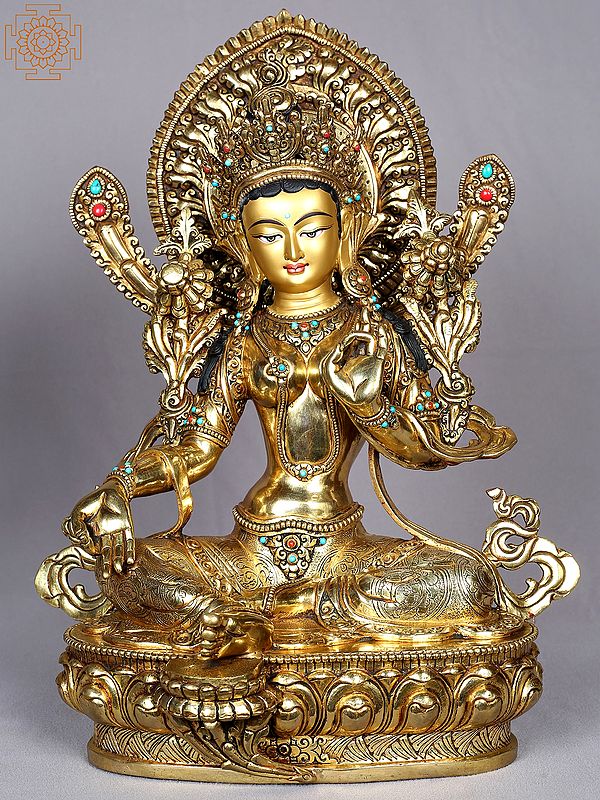 14" Tibetan Buddhist Goddess Green Tara Copper Statue from Nepal
