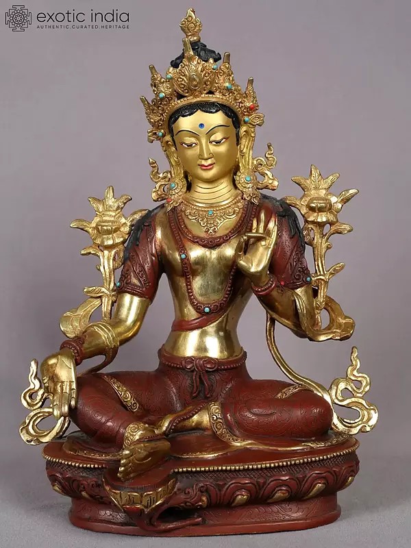 12" Goddess Green Tara Statue from Nepal | Tibetan Buddhist Copper Idols