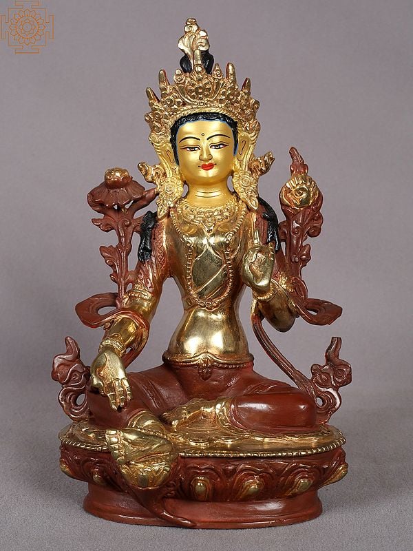 9" Goddess Green Tara Copper Statue - Buddhist Deity Idol from Nepal