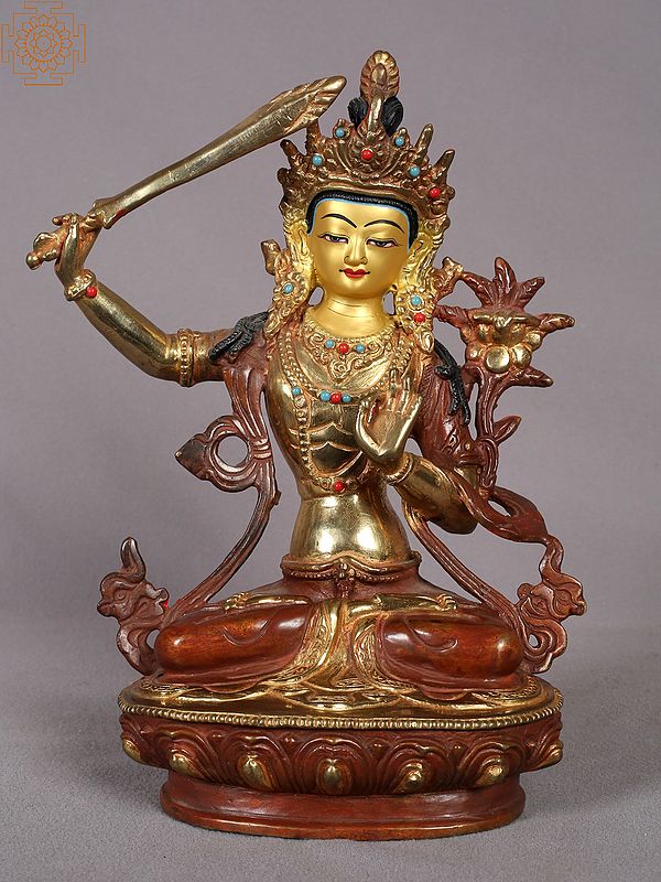 9" Tibetan Buddhist Deity Manjushri Copper Statue from Nepal