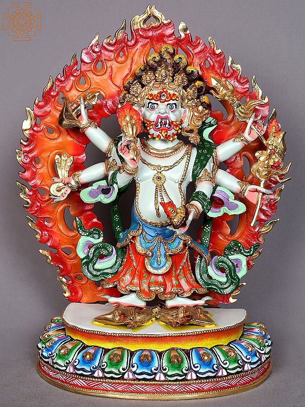 13" Six Hands White Mahakala Copper Statue from Nepal