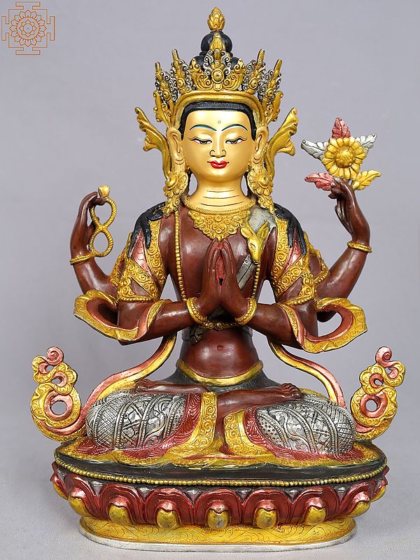 15" Tibetan Buddhist Deity Chenrezig Copper Statue from Nepal