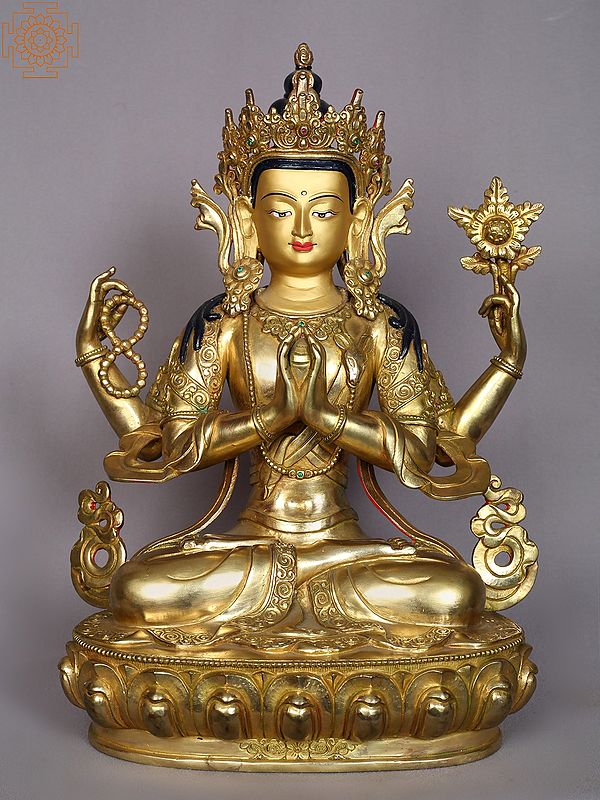 14" Tibetan Buddhist Deity Chenrezig Copper Statue from Nepal