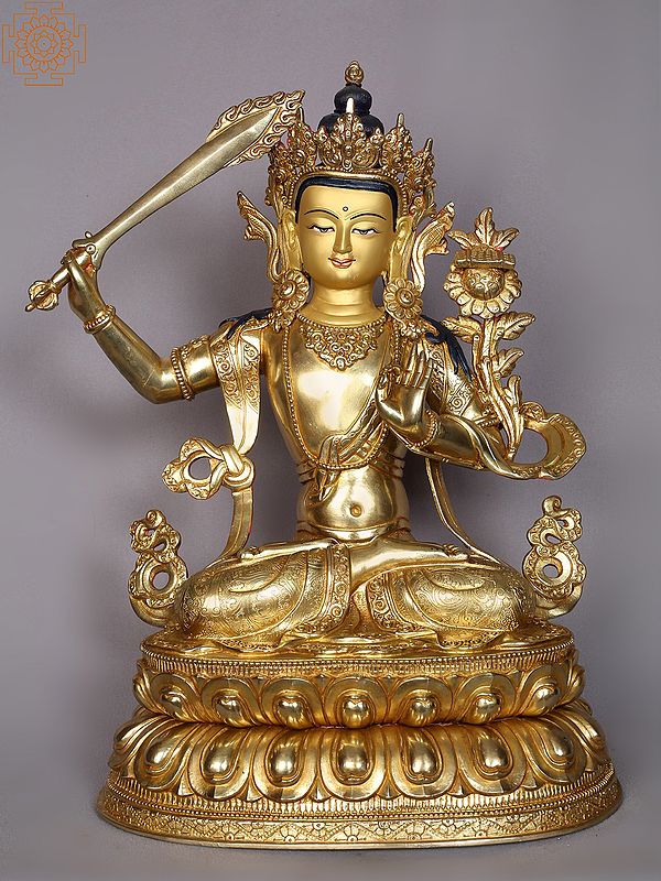 15" Manjushri Copper Statue from Nepal | Buddhist Deity Idols