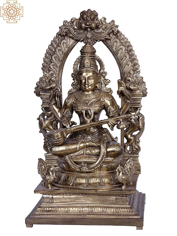 16" Goddess Saraswati with Kirtimukha Throne | Hoysala Art