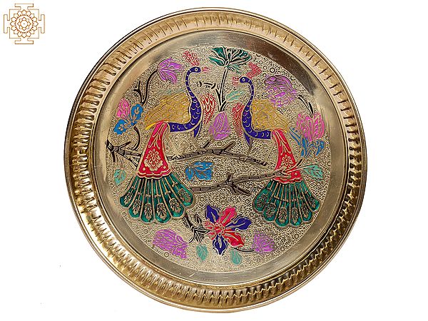 8" Brass Colorful Peacock Design Plate