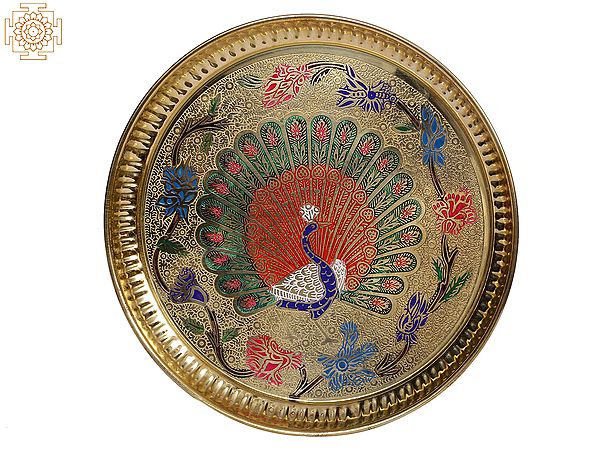 9" Colorful Peacock Design Plate in Brass