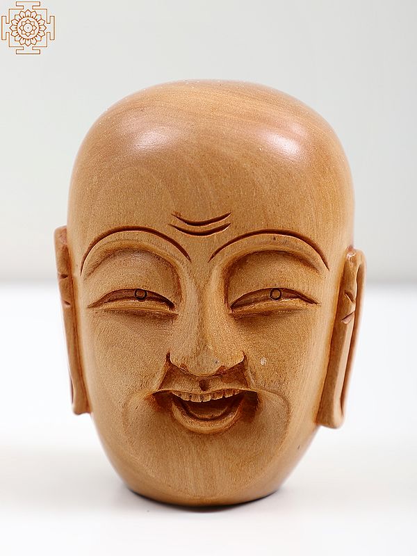 3" Small Wooden Laughing Buddha Head Idol