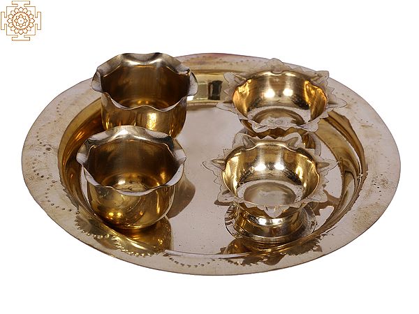 6" Brass Puja Thali with Attached Two Diya and Two Small Bowls