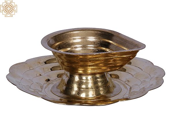 3" Pair of Brass Diya with Attached Thali