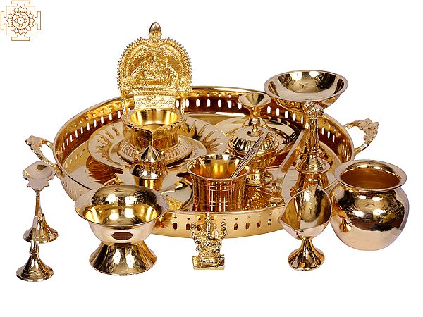 13" Brass Pooja Thali Set (15 Pcs)