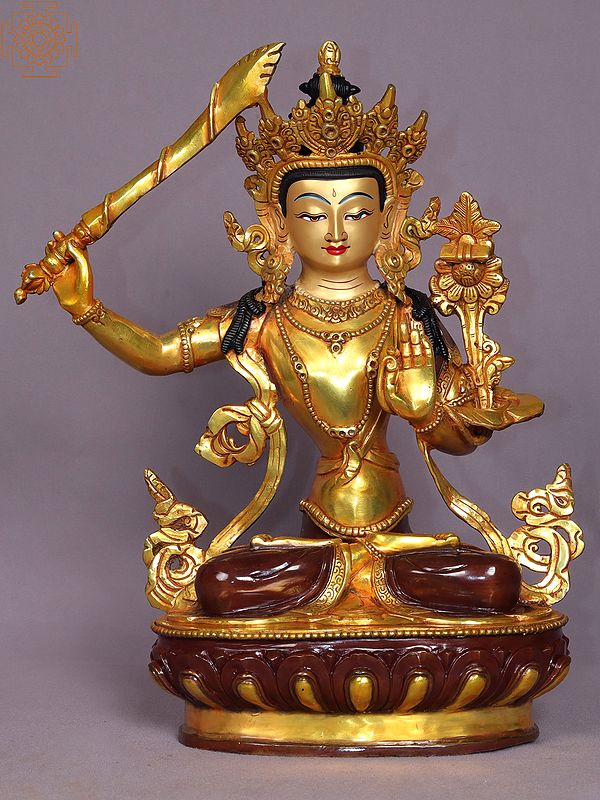 13" Manjushri Copper Statue from Nepal | Tibetan Buddhist Deity Idols