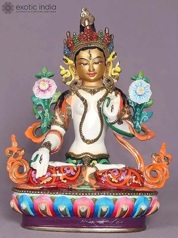 9" Colorful Goddess White Tara Copper Statue from Nepal