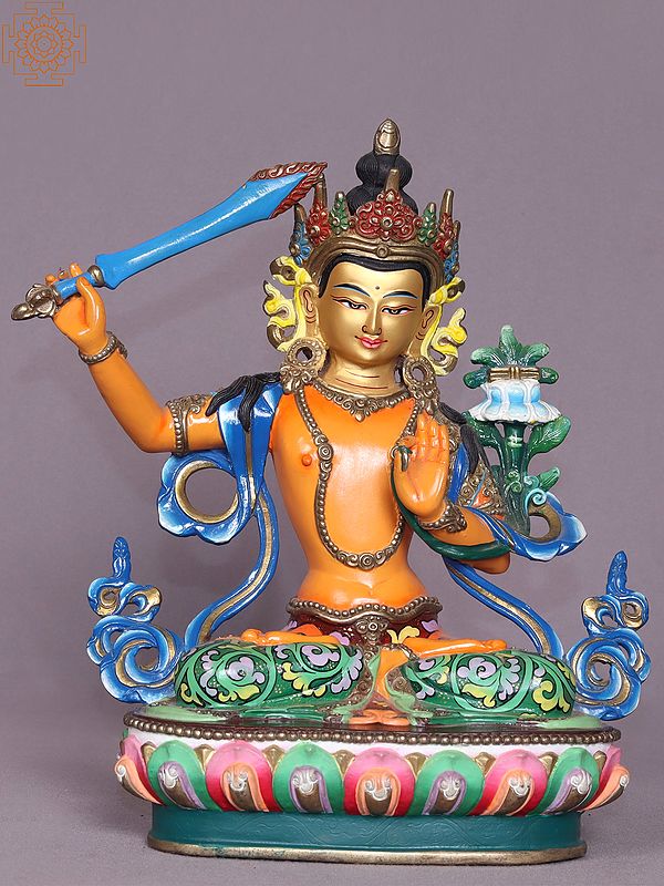 9" Colorful Manjushri Copper Statue from Nepal - Buddha of Infinite Wisdom