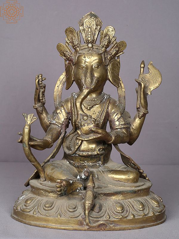 13" Little Ganesha Idol Eating Modak from Nepal | Nepalese Brass Statue