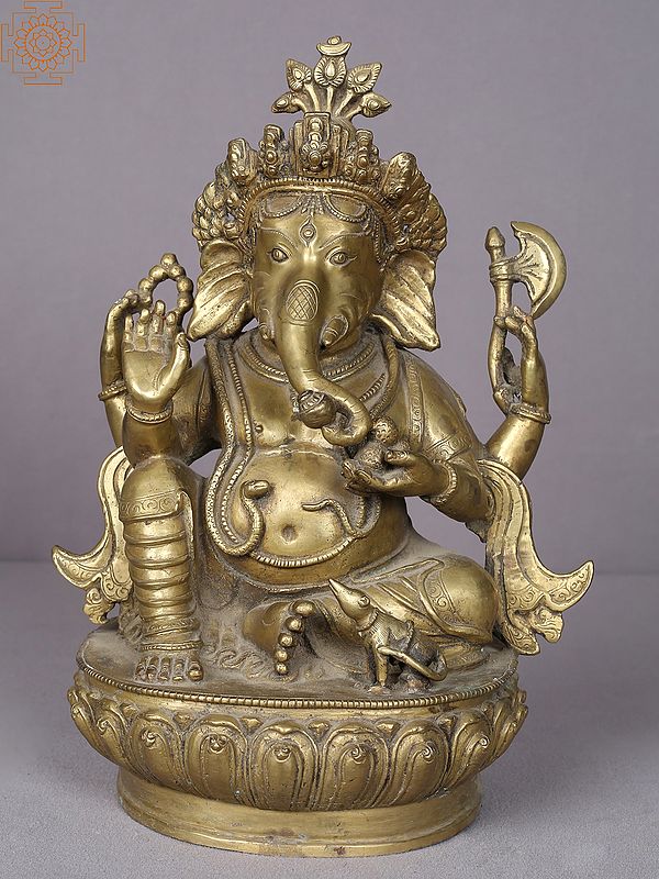 12" Brass Lord Ganesha Statue with Mushak from Nepal