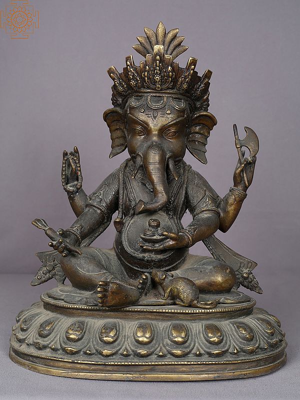 14" Lord Ganesha in Sitting Brass Statue from Nepal