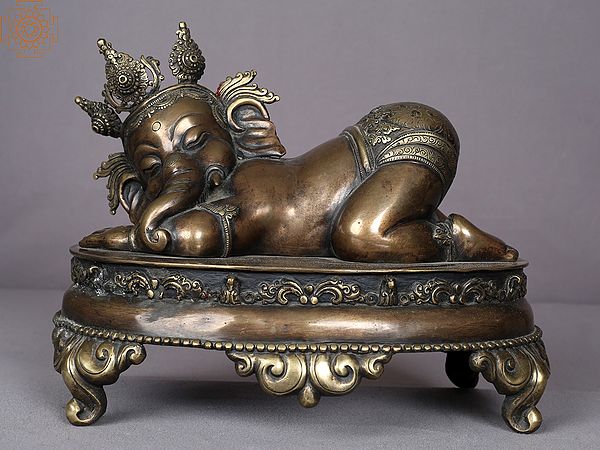 10.5" Sleeping Baal Ganesha Brass Statue from Nepal