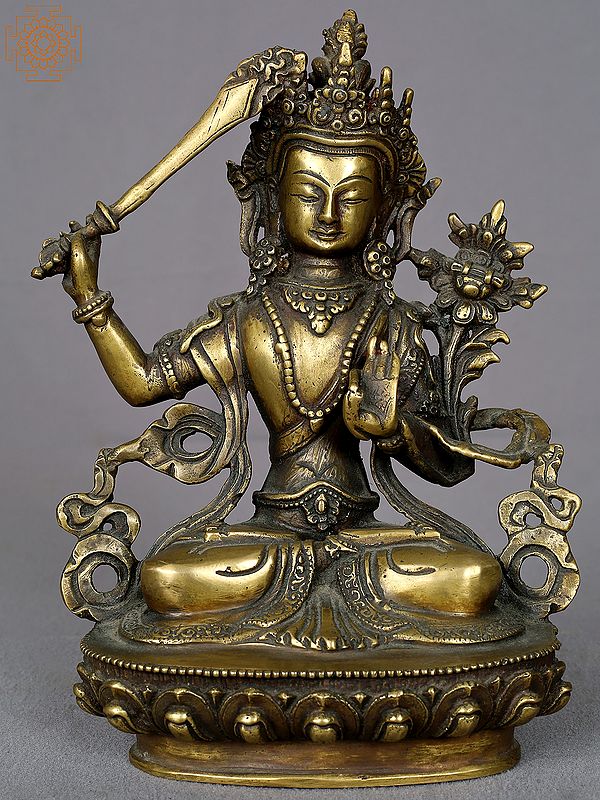 8" Brass Buddhist Deity Manjushri Statue from Nepal